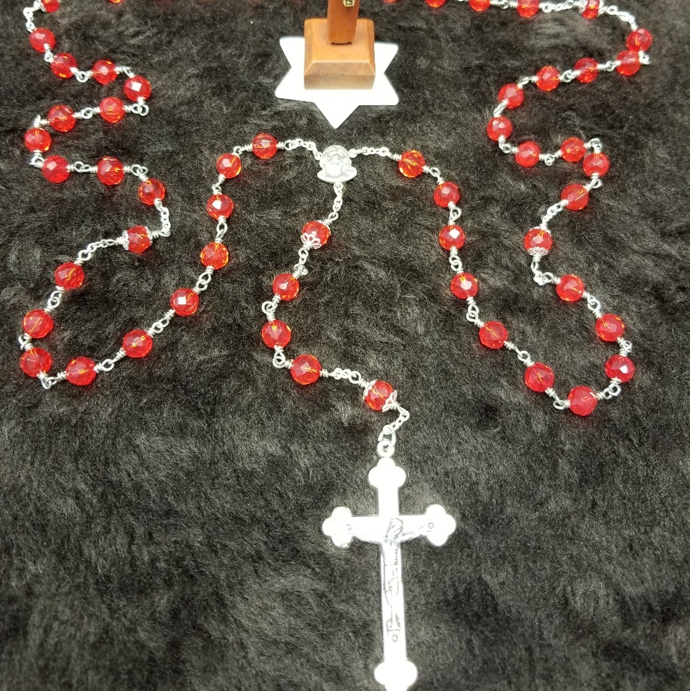 Red Faceted Glass Bead Rosary.